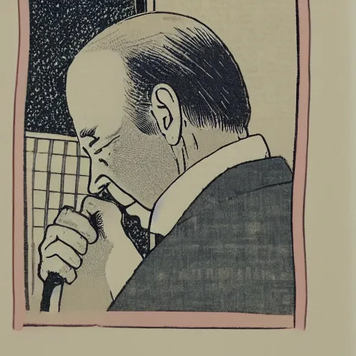 Image similar to Joe Biden writing his death haiku, Japanese woodblock print