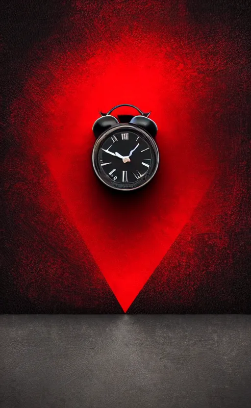 Image similar to a melting Roman numeral clock, behind a red and black gradient background, awith a black heart shaped on the top left corner and a black diamond card shape in the bottom right corner, dynamic lighting, photorealistic fantasy concept art, trending on art station, stunning visuals, cinematic, creative, ultra detailed