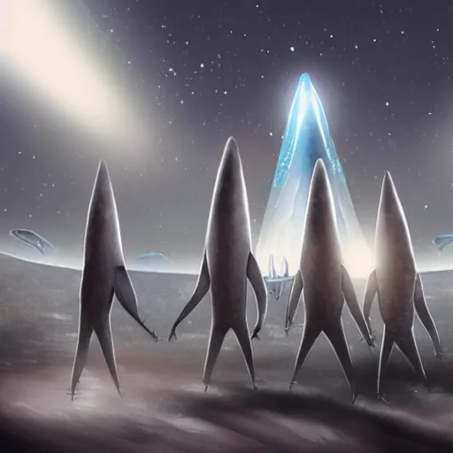 Image similar to Gray aliens pointing with their mouths open and a glowing spaceship in the background