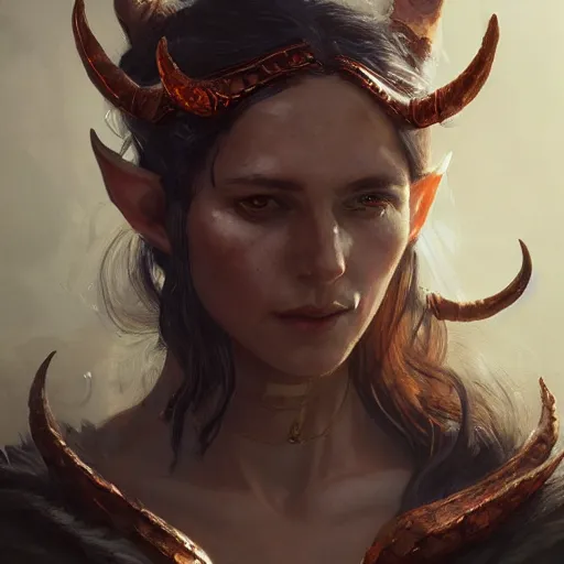Image similar to portrait of an elven woman with small copper devil horns and copper scales covering her arm and neck, by greg rutkowski, trending on artstation, dungeon and dragons art