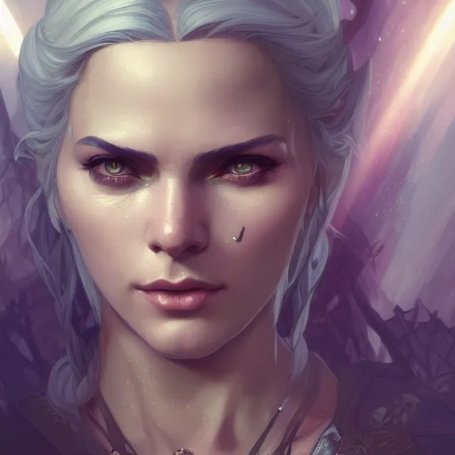 Prompt: close up portrait of a beautiful female witcher, artistic, magical mountain background with light rays, fantasy atmosphere. art by artgerm, greg rutkowski and alphonse mucha, highly detailed, intricate, lifelike. sci - fi, fantasy, magical, octane render,