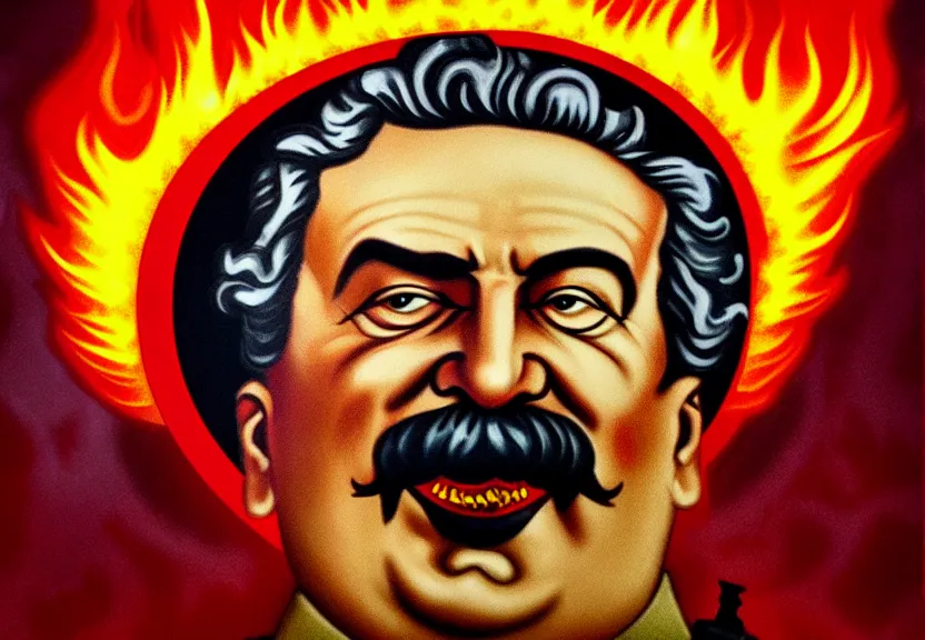 Prompt: mavrodi, stalin killing, stalin eat fresh meat, icon with a halo of fire, scary detailed art in color, 4 k