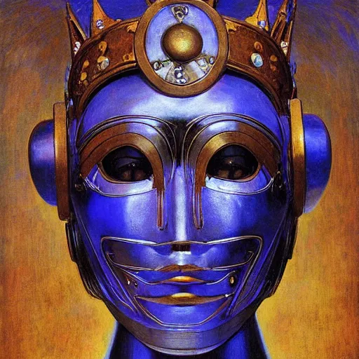 Image similar to the masked robot queen wearing the plasma crown, by Annie Swynnerton and Diego Rivera and Elihu Vedder, symbolist, dramatic lighting, elaborate geometric ornament, Art Brut, soft cool colors,smooth, sharp focus, extremely detailed, Adolf Wölfli and Donato Giancola