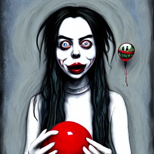 Image similar to grunge painting of a billie eilish with a wide smile and a red balloon by tim burton, loony toons style, pennywise style, corpse bride style, rick and morty style, creepy lighting, horror theme, detailed, elegant, intricate, conceptual