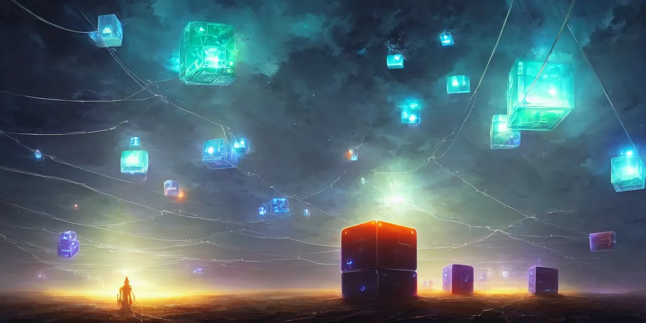 Image similar to a fleet of giant glowing futuristic cubes tied to each other with lots of wires in the sky, thick messy wires, a fantasy magical landscape seen in the distance, atmospheric lighting, intricate, volumetric lighting, beautiful, sharp focus, ultra detailed, in the art style of marc simonetti, bowater charlie and brom gerald, astrophotography