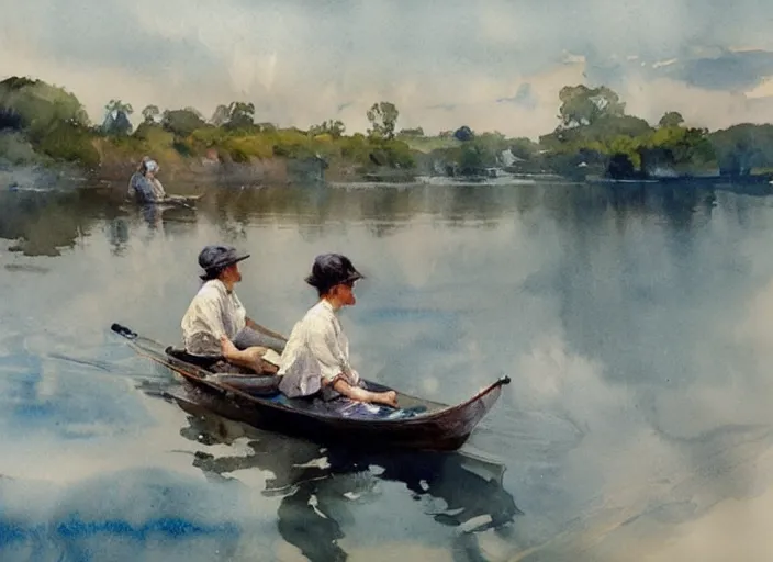 Image similar to watercolor painting of sunny summer day, calm water, art by anders zorn, wonderful masterpiece by greg rutkowski, beautiful cinematic light, american romanticism by greg manchess, creation by tyler edlin, aquarelle