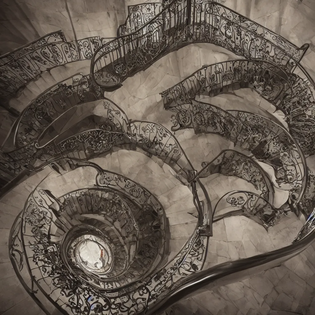 Image similar to a realistic art - nouveau spiral staircase. dark stairs. tall building, seen from the top. realistic shadows. detailed, octane render, hyperrealistic, very coherent, hyper realism, high detail, octane render, 8 k