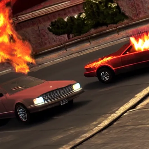 Prompt: an old car jumping over a fire, in game screenshot from need for speed ( 1 9 9 6 )