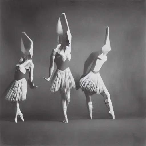 Image similar to pinhole photo of dancers in BIG GEOMETRIC MASKS, smudge, lo fi, mix, texture, by Karl Blossfeldt