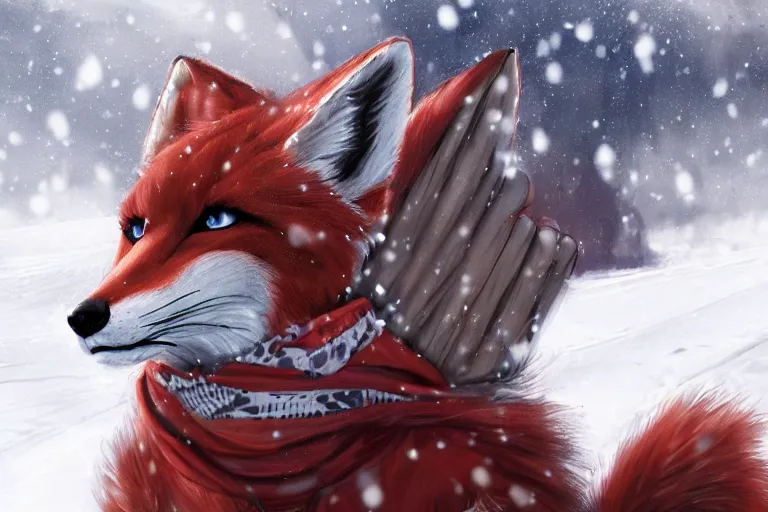 Prompt: a transhuman fox fursona wearing a scarf in the snow, trending on artstation, furry art