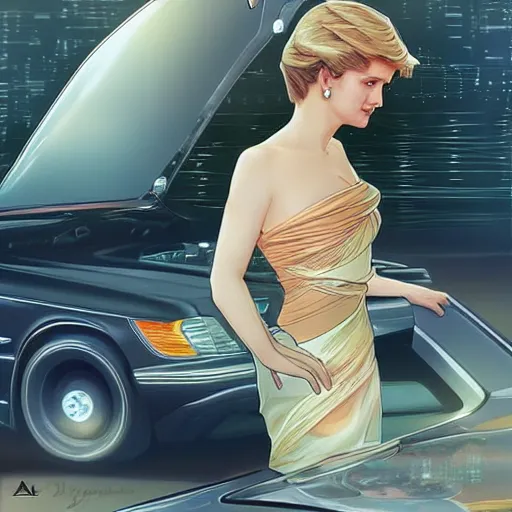 Image similar to Princess Diana standing next to a Mercedes-Benz W140, highly detailed, digital painting, artstation, concept art, smooth, sharp focus, illustration, art by artgerm and alphonse mucha, high definition digital art, in the style of Ross tran and ilya kuvshinov