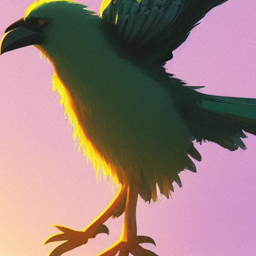Prompt: a wholesome animation key shot of a crow on a green hill, portrait shot, studio ghibli, pixar and disney animation, sharp, anime key art by greg rutkowski, bloom, dramatic lighting, golden hour