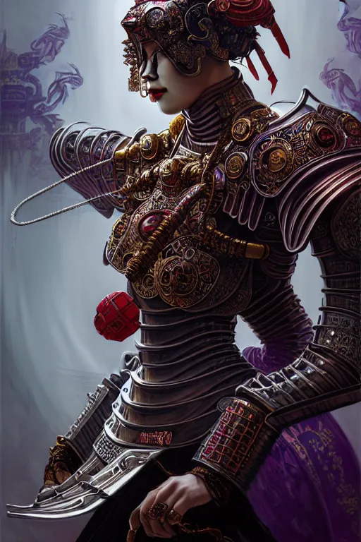 Image similar to beautiful and divine and luxury and evil and dieselpunklpunk three kingdom chinese female armor knight portrait, fighting in the chinese palace, ssci-fi, fantasy, neon light, fantasy, intricate complexity, human structure, human anatomy, hyperrealism 8k, art and illustration by tian zi and craig mullins and WLOP and alphonse mucha,