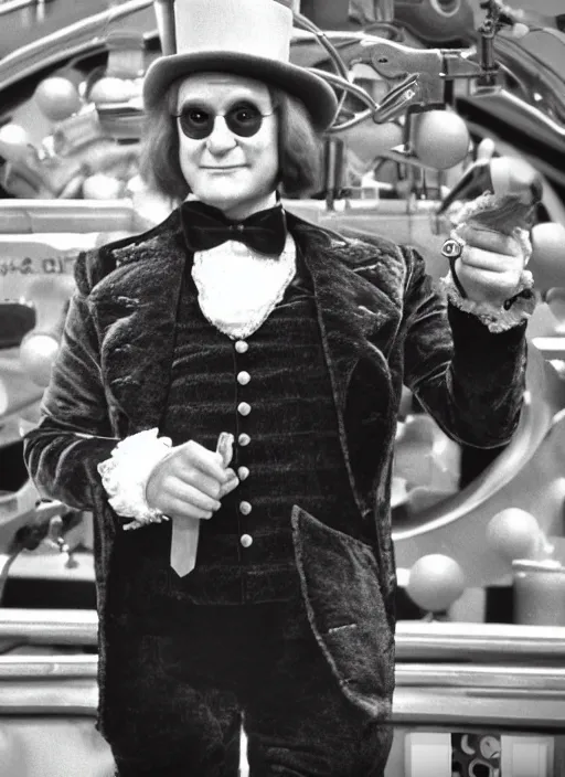 Image similar to “Film still close-up shot of David Letterman as Willy Wonka from the movie Willy Wonka & The Chocolate Factory. Photographic, photography, cinematic”