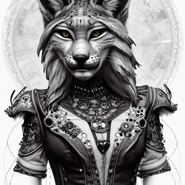 Prompt: the portrait of anthropomorphic lynx fursona wearing a steampunk dress as unimaginably beautiful, gorgeous, elegant, young lynx, an ultrafine hyperdetailed illustration by kim jung gi, irakli nadar, intricate linework, white fur, unreal engine 5 highly rendered, global illumination, radiant light, detailed and intricate environment