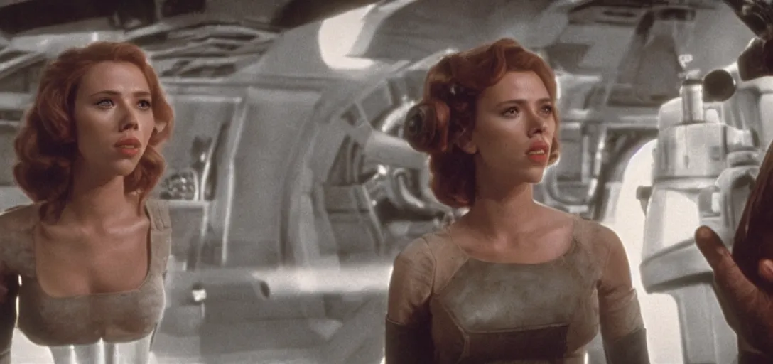 Prompt: a still of Scarlett Johansson in the cantina speaking to an alien in Star Wars (1977)