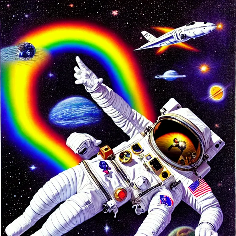 Prompt: by philip caza. astronaut at the rainbow bridge.