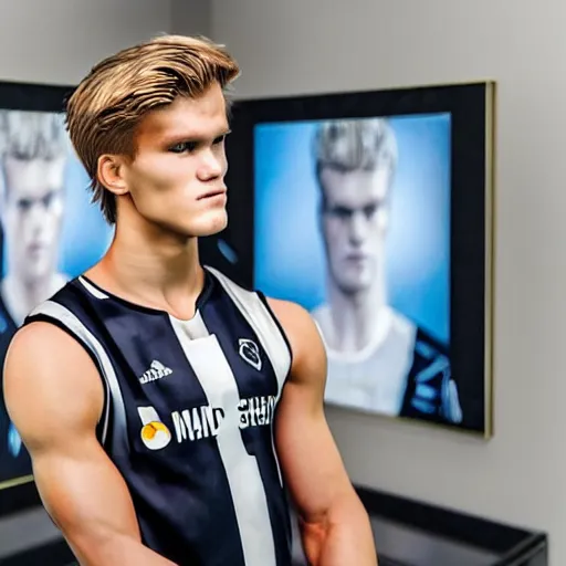 Image similar to a realistic detailed photo of a guy who is an attractive humanoid who is half robot and half humanoid, who is a male android, soccer player martin ødegaard, shiny skin, posing like a statue, blank stare, in a living room, on display, showing off his muscles