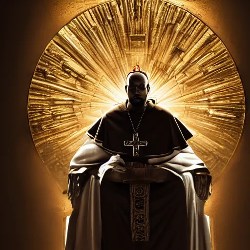 Image similar to saint kanye west as the pope pope in the vatican ( gears of war battlefield 5 ), splash art, movie still, cinematic lighting, dramatic, detailed face, octane render, long lens, shallow depth of field, bokeh, anamorphic lens flare, 8 k, hyper detailed, 3 5 mm film grain