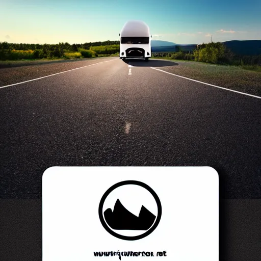 Image similar to minimal professional logo featuring a white and black cute thor chateau motorhome camper!, highway, mountains and sunset!!, everything enclosed in a circle, happy, professional colorful simple logo