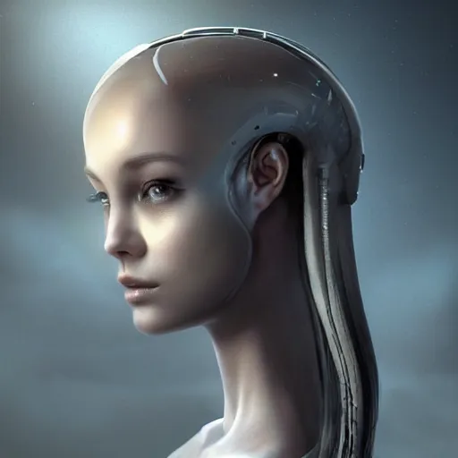 Image similar to A young beautiful female extraterrestrial-cyborg face with a very long neck, big clear eyes, thin nose, big lips, hair floating in the wind:: alien is from the future, Realistic, Refined, Detailed Digital Art, Pre-Raphaelite,Renaissance, Highly Detailed, Cinematic Lighting, rim light, black and white, photo-realistic Unreal Engine, 8K