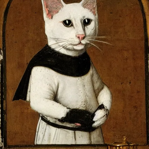 Prompt: medieval portrait of a black and white cat dressed as a knight, in the style of eugene de blaas