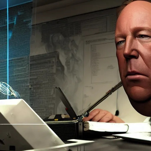 Image similar to hyperrealistic mixed media image of info wars alex jones at desk wearing tin foil hat, stunning 3 d render inspired art by xiang duan and thomas eakes and greg rutkowski, perfect facial symmetry, hyper realistic texture, realistic, highly detailed attributes and atmosphere, dim volumetric cinematic lighting, 8 k octane detailed render, post - processing, masterpiece,