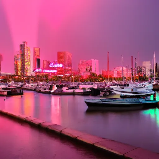 Image similar to the city lights were bright pink and orange and shone overhead. the harbour looked beautiful the sun reflecting off of the water and the neon lights of the city gave of a warm feeling, trending on artstation