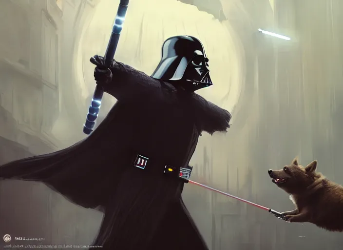 Image similar to a Photorealistic dramatic hyperrealistic render of darth vader with lightsaber drawn facing off against a calm cute corgi in battle, futuristic star wars vibe, by WLOP and Artgerm and Greg Rutkowski and Alphonse Mucha, Beautiful dynamic dramatic dark moody lighting, shadows, cinematic atmosphere, Artstation, concept design art, Octane render, 8K, masterpiece, sharp focus