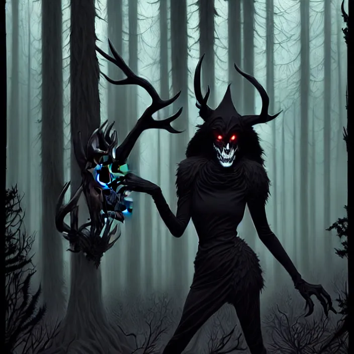 Image similar to style artgerm, joshua middleton, diego fazio, gerald brom, scary wendigo with antlers and skull face mixed with werewolf, beautiful witch wearing a black dress on the right side, in the forest, detailed, dark and foggy, cinematic lighting