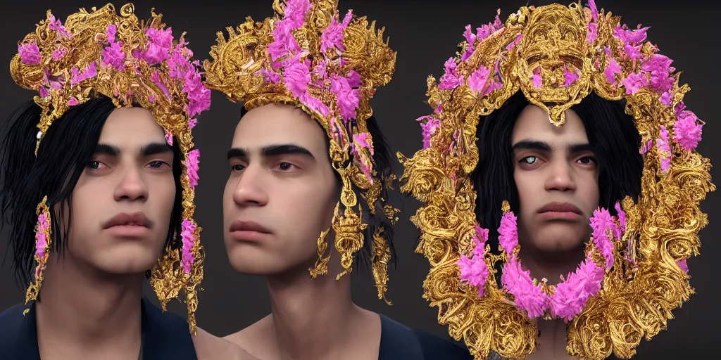 Prompt: dramatic studio portrait of a beautiful flawless symmetrical man wearing intricate otherworldly gold and white jewelry and wearing an ornate elegant pink headdress, hyper realism, very detailed, featured on zbrush central, rendered in cinema 4 d, minimalism, abstract art, f / 2. 8