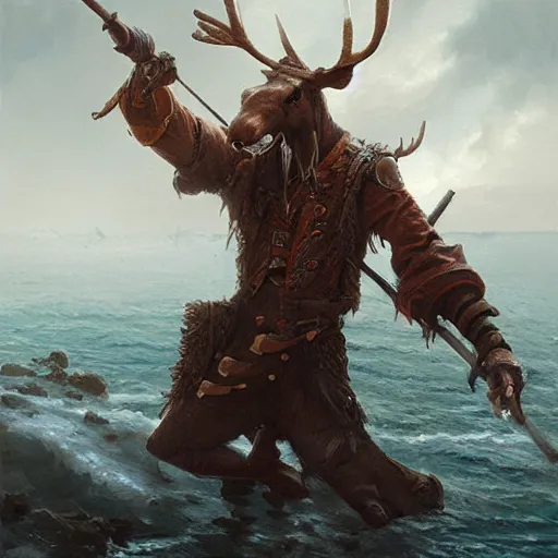 Image similar to anthropomorphic moose pirate humanoid by greg rutkowski, pirate ship, sea, fantasy