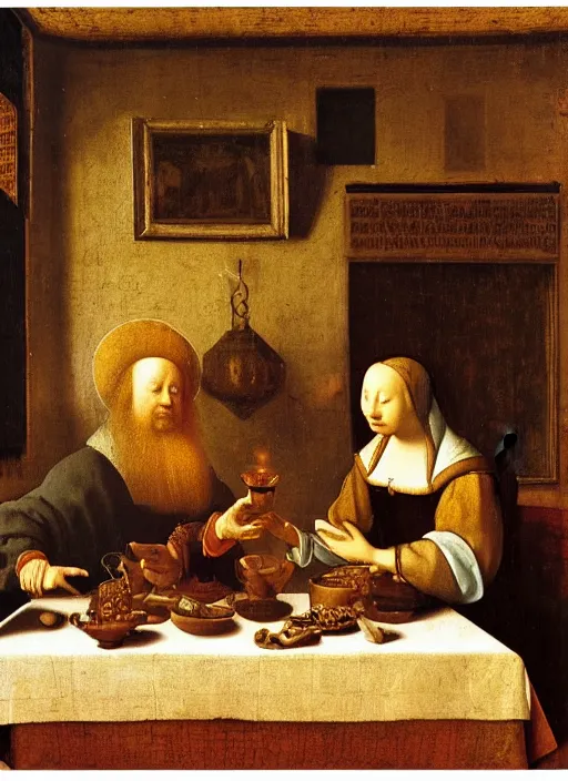 Image similar to a candlelit table at the inn, two people sitting at the table, swirling smoke, dark smoke, realistic, in the style of leonardo da vinci, dutch golden age, amsterdam, medieval painting by jan van eyck, johannes vermeer, florence