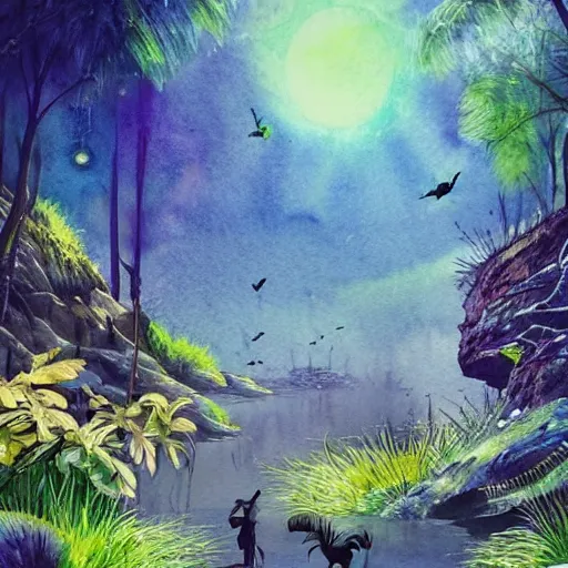 Prompt: beautiful lush natural scene on another planet, with interesting creatures. different than earth but beautiful. lightfall. beautiful detailed artistic watercolor. trending on artstation and deviantart.