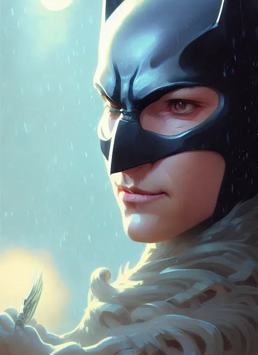 Image similar to highly detailed portrait of batman, unreal engine, fantasy art by greg rutkowski, loish, rhads, ferdinand knab, makoto shinkai and lois van baarle, ilya kuvshinov, rossdraws, tom bagshaw, alphonse mucha, global illumination, radiant light, detailed and intricate environment