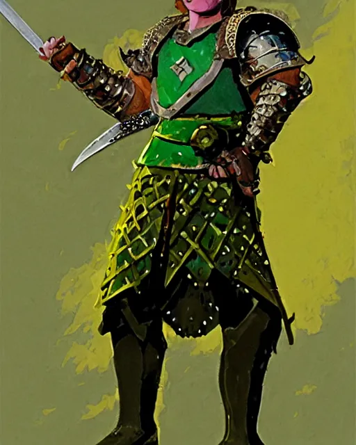 Image similar to beverly toegold the fifth, epic level dnd male halfling verdant paladin of the ancients and green teen, wielding a golden holy sword, wearing magical gleaming chainmail armor. full character concept art, realistic, high detail digital gouache painting by angus mcbride and michael whelan and jeffrey jones