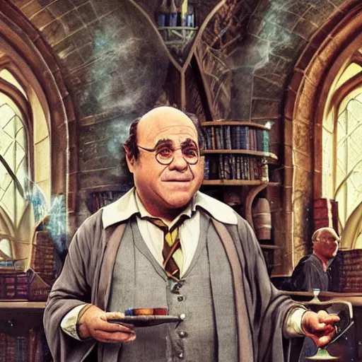 Prompt: Movie still of danny devito as as Harry Potter in potions class at hogwarts, fantasy, highly detailed, digital painting, artstation, concept art, sharp focus, illustration, art by artgerm and alphonse mucha and Anna Dittmann