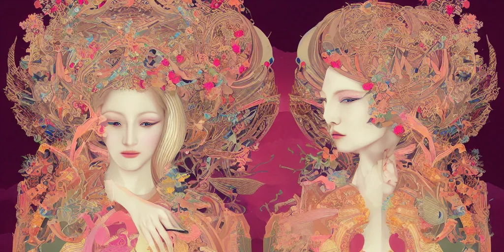 Image similar to breathtaking detailed concept art painting art deco pattern of blonde faces goddesses by hsiao - ron cheng, amalgamation flowers, bizarre compositions, kaleidoscope, exquisite detail, 8 k