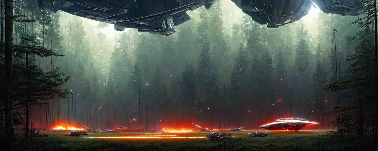 Prompt: a giant megastructure spaceship wrecked and lost in the forest, a small fire in the distance, powerful laser light and powerful sound system on the left, detailed digital art by greg rutkowski.