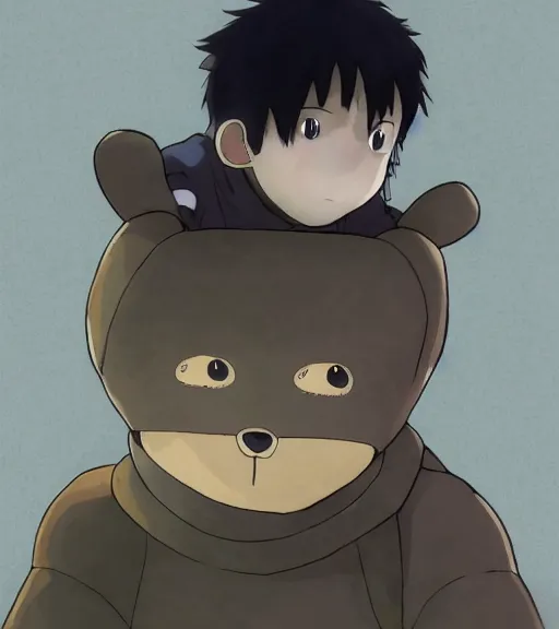 Image similar to attractive little boy wearing an cyborg bear suit, artwork in kentaro miura and made in abyss and inazuma eleven, smooth, beautiful lightness, anatomically correct, trending on pixiv, fantastic composition, realistic