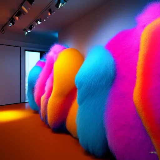 Image similar to : colorful abstract fuzzy sculpture art on the wall in modern architecture art studio soho new york, cinematic lighting, hyper - realistic, detailed, render by c 4 d octane, unreal engine, 8 k 3 d render