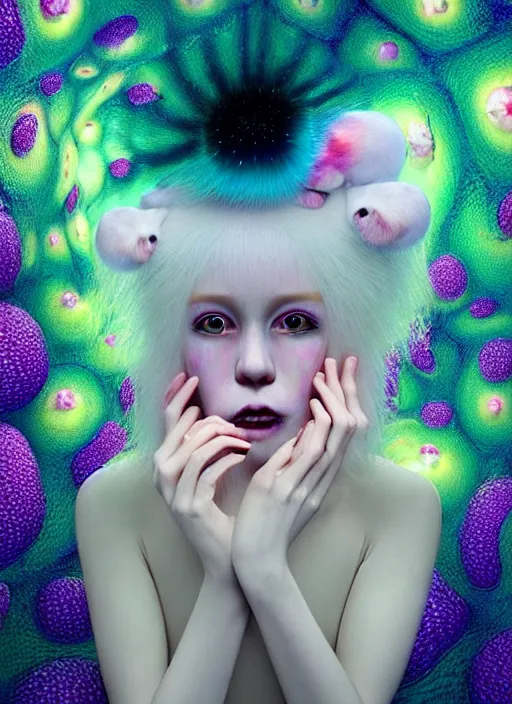 Image similar to hyper detailed 3d render like a Oil painting - kawaii portrait Aurora (white haired Singer Ferret) seen Eating of the Strangling network of yellowcake aerochrome and milky Fruit and Her delicate Hands hold of gossamer polyp blossoms bring iridescent fungal flowers whose spores black the foolish stars by Jacek Yerka, Mariusz Lewandowski, Houdini algorithmic generative render, Abstract brush strokes, Masterpiece, Edward Hopper and James Gilleard, Zdzislaw Beksinski, Mark Ryden, Wolfgang Lettl, hints of Yayoi Kasuma, octane render, 8k