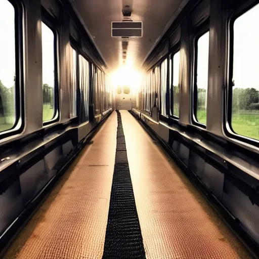 Image similar to a inside of a train hallway the train hallway is empty and train is moving the window view is a sunset view of a beautiful landscape