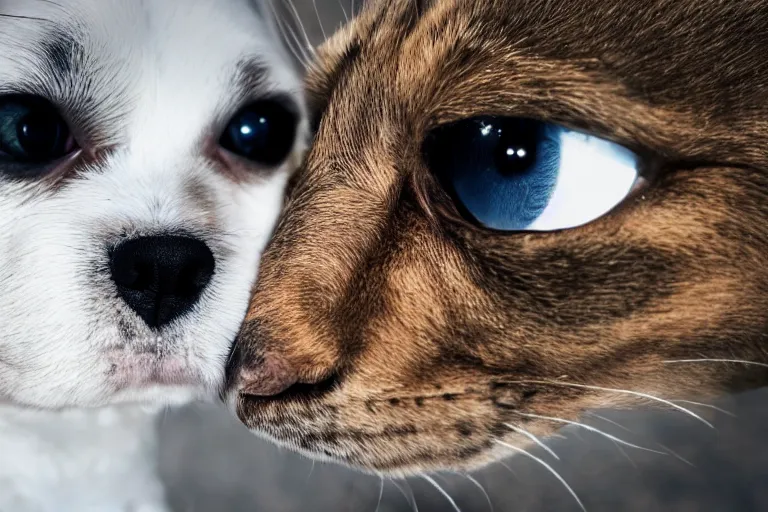 Prompt: a dog with a cute cat, fish eye, 4k