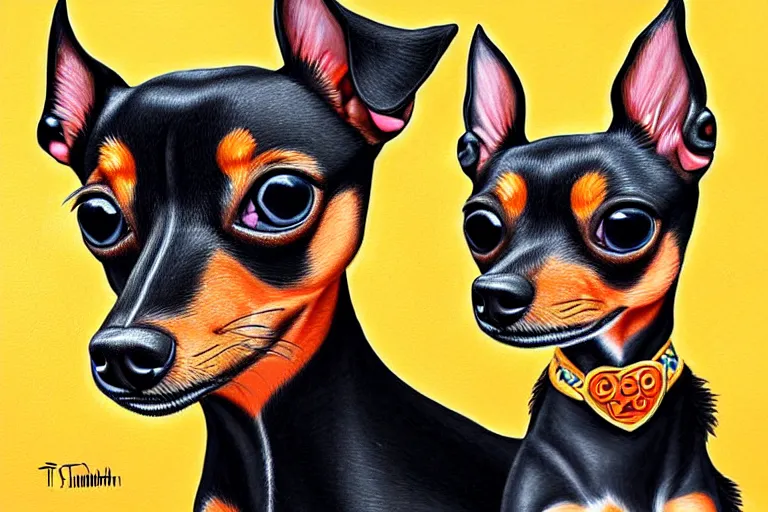 Image similar to detailed painting of a min pin dog by tim shumate