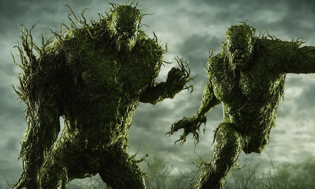 Image similar to swamp thing in a dynamic action pose, forward angle, dramatic night lighting, by kelly jones and kyle hotz, 4 k, 8 mm, octane