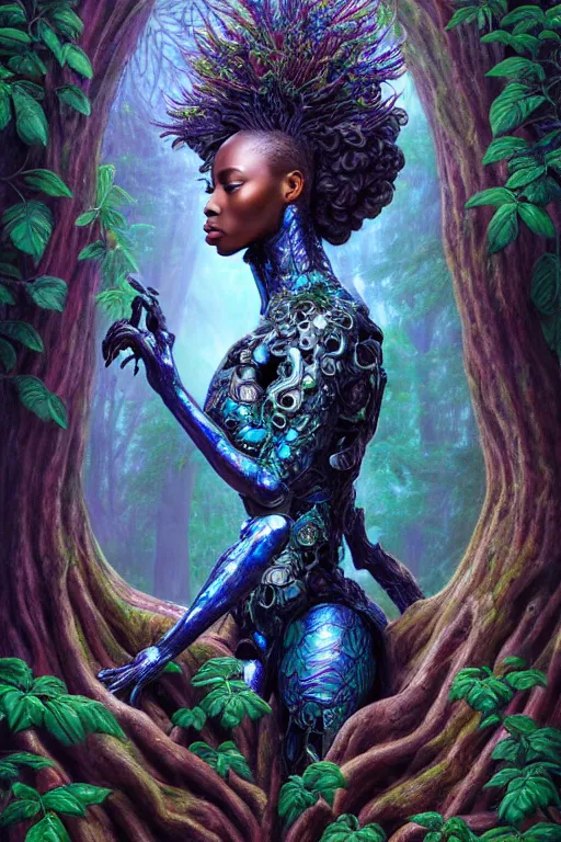 Image similar to hyperrealistic post - rococo super expressive! black woman with exoskeleton armor, merging with tree in a forest, highly detailed digital art masterpiece smooth cam de leon hannah yata dramatic pearlescent blue teal light ground angle hd 8 k sharp focus