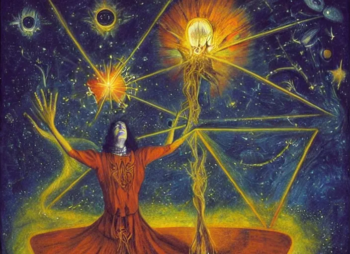 Prompt: a shaman woman holding up the cosmic!! universe, by remedios varo, meteor - shower, reflection, symbolist!, psychedelic colors, dramatic!! lighting, smooth, sharp focus, extremely detailed, aesthetically pleasing composition