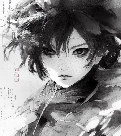 Image similar to dramatic portrait of anime woman wearing sailor suit, pen and ink, intricate line drawings, by craig mullins, ruan jia, kentaro miura, greg rutkowski, loundraw