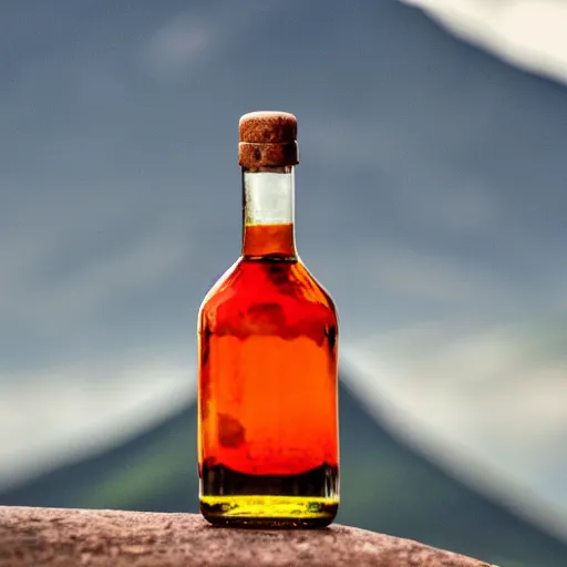 Image similar to symmetrical photo of small bottle standing, volcano background